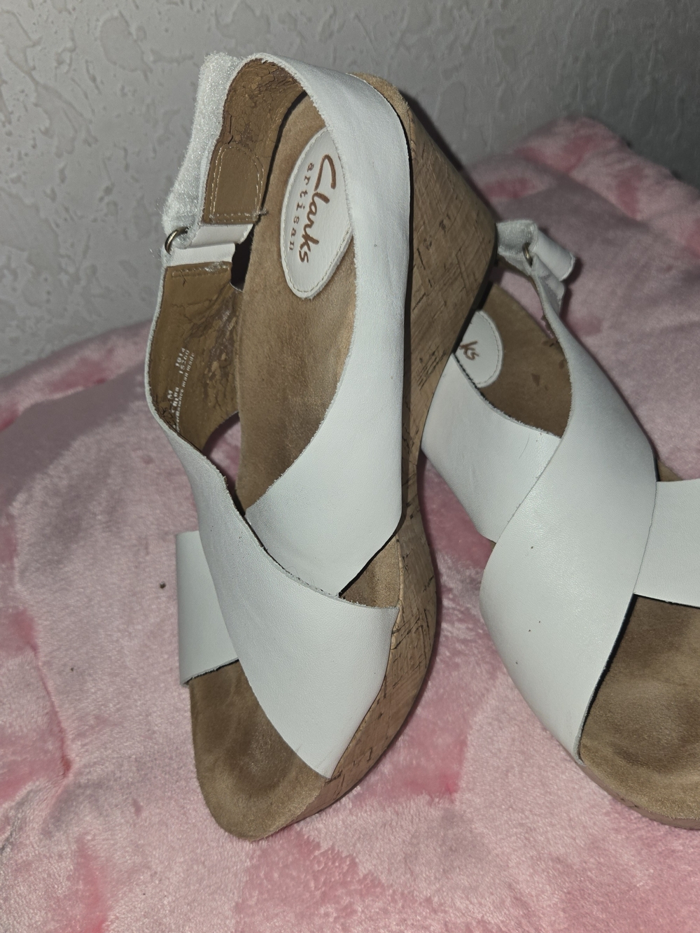 Clarks Artisan White Leather Strappy Cork Wedge Sandals - Picture 2 of 7